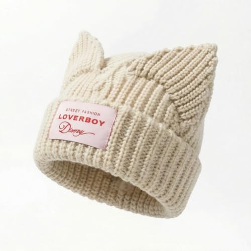 Cat Ear Beanie Y2K Cute Knit Hat with Ears Warm Crochet Hat Skull Cap for Women Men - color: Beige