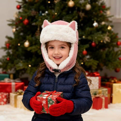 PURFUN Kids Fuzzy Faux Fur Trapper Hats with Cat Ear, Girls Boys Windproof Cozy Earflap Hats Ushanka Ski Caps for 3-8 Yrs - color: Pink