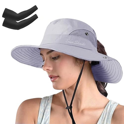 ZOORON Women's Ponytail Safari Sun Hat,Wide Brim UV Protection Bucket Hat - color: 1-pure Light Grey/Arm Sleeves