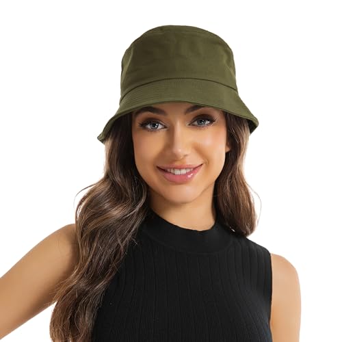 Wheebo Solid Color Bucket Hat for Women Summer Beach Fishmen Hat for Lady Adult Unisex Cotton Cap…… - color: A-sc-army Green