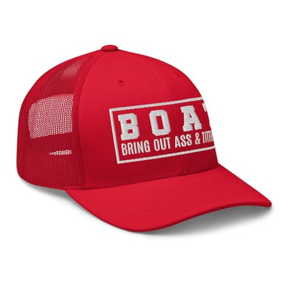 NG Boat Bring Out Ass and Titties Curved Bill Trucker Hat Mid Crown Adjustable Funny Adult Humor Cap - color: Red