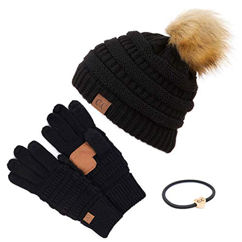 C.C Hatsandscarf Exclusives Unisex Solid Ribbed Beanie with Pom (HAT-43) - color: A Gift Set-black