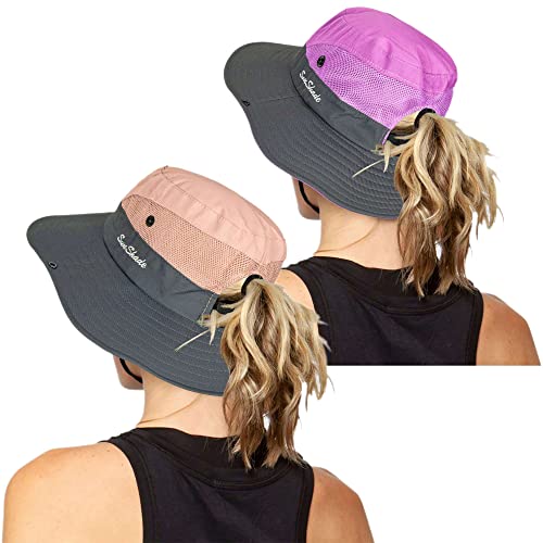Women's Outdoor-UV-Protection-Foldable-Sun-Hats-Wide-Brim Hat Ponytail-Hole - color: Pink+purple
