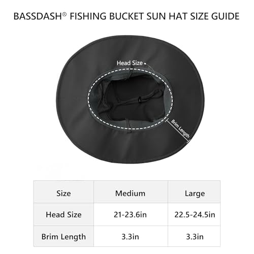 BASSDASH UPF 50+ Fishing Sun Hat Water Resistant Unisex Wide Brim Bucket Boonie Hat for Hiking Camping Safari FH15 - color: Dark Grey, size: Medium