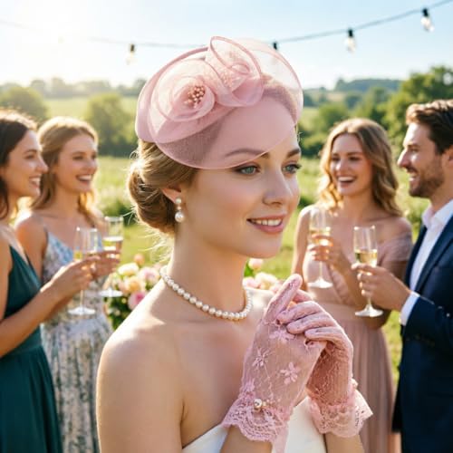 DRESHOW Fascinator Hats for Women Cocktail Tea Party Hat Netted Pillbox Hat Vintage Derby Hats for Bridal Wedding - color: Pillbox Hat: Nude Pink