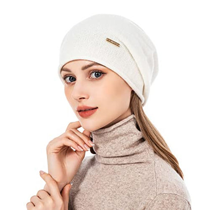 Knit Slouchy Beanie Hats for Women Cashmere Ski Cap Knitted Wool Soft Warm Winter Hat - color: A05-white