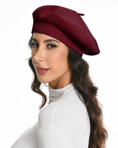 Cotton Knitted Women Beret Hat, French Style Solid Color Beret, Winter Autumn Warm and Soft Beanie Hat - color: Wine Red