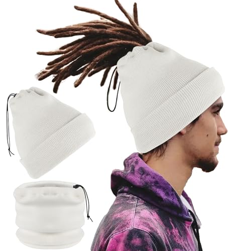 Ababalaya Unisex Satin Lined Knit Open Beanies Rasta Beanie - color: White