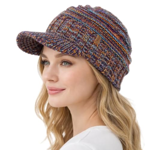 TOP-EX DryKnit Waterproof Visor Beanie for Women, Fleece Lined Winter Hat - color: Purple Mixed