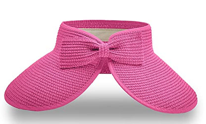 Straw Sun Visor for Women, Wide Brim UPF 50+ Protection Beach Hat, Adjustable, Roll Up Foldable Ponytail Cap with Chin Strap - color: Hot Pink
