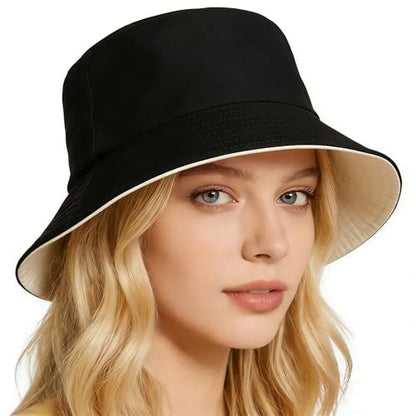 Bucket Hat for Men and Women 2-in-1 Reversible Sun Protection Fashion Flat Top Cap for Fishing Travel Beach Sports - color: Beige-black