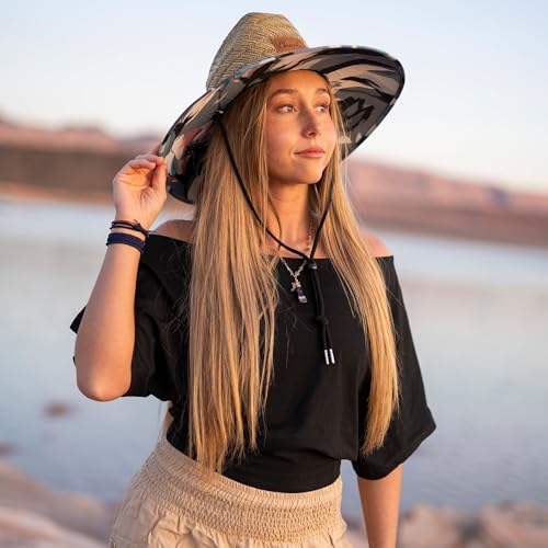 Women's Wide Brim Straw Sun Hat for Beach, Lifeguard Style, Hand-Woven Rush & Mat, Adjustable Chin Drawstring - color: The Nora