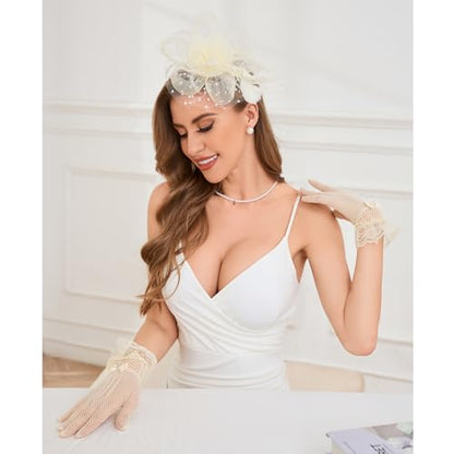 GurZinn Fascinator Hat Veil Feather Fascinator Tea Party Bridal Wedding Veil Pillbox Hat - color: C-white Hat&glove