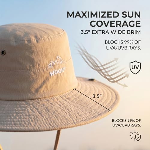 WOOH Sun Hats for Women,UPF80+ Wide Brim Foldable Bucket Hat with Adjustable Chin Strap,Summer Hat for Beach Hiking Gardening - color: Khaki