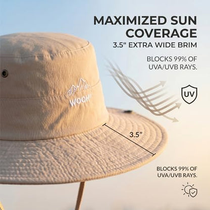 WOOH Sun Hats for Women,UPF80+ Wide Brim Foldable Bucket Hat with Adjustable Chin Strap,Summer Hat for Beach Hiking Gardening - color: Khaki