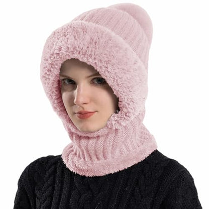 HUAMULAN Women Winter Knit Beanie Hats One Piece Fleece Lined Balaclavas - color: Pink + Faux Fur