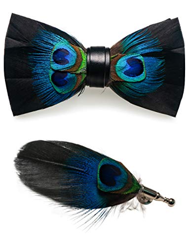 RBOCOTT Handmade Feather Pre-tied Bow tie and Brooch Sets for Men - color: Peacock Blue/Black
