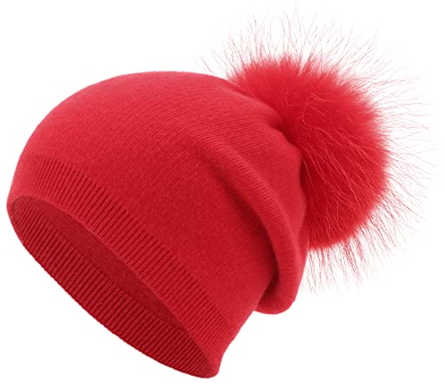 Women's Double Layer Winter Slouchy Knit Beanie Hat with Real Fur Pom Pom - color: Red Pom