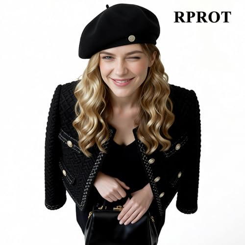 Sophisticated French Chic Women's Wool Blend Beret with Metal Detail - Artist Hat for Style & Creative 21.7-22.8 in