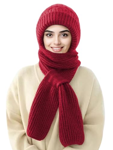 Sumolux Integrated Ear Protection Windproof Cap Scarf Elastic Knitting - color: Wine Red