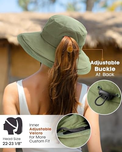 Hatiis Womens Sun Hat with Ponytail Hole Cotton Shapeable Wide Brim - color: Green