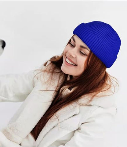 ROYBENS Swag Wool Knit Cuff Short Fisherman Beanie for Men Women Winter Hat - color: 1pcs-blue-thick Double Layer