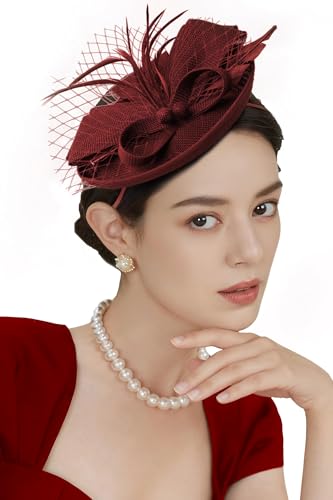 BABEYOND Fascinators Hats for Women Tea Party Pillbox Sinamay Derby Hat - color: Burgundy