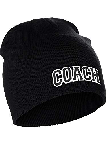 I&W Sports Team Coach Arch Letters Winter Knit Cuffless Beanie 3D Raised Layers - color: Black Beanie White Black