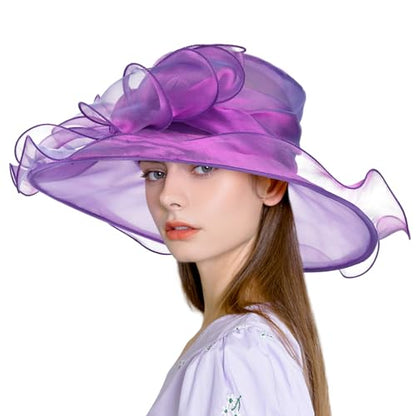 2026 Derby Hats for Women Ladies, Classy Organza Sun Hat, Church Tea Party Wedding Kentucky Fascinator Hat - color: B2967-purple