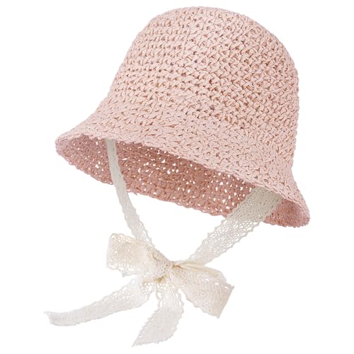 Baby Girl Straw Sun Hat, Toddler Summer Beach Hat, Soft Foldable Infant Sun Hat with Lace Bowknot, Outdoor UV Protection Cap - color: Pink