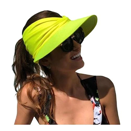 Sun Hat Women Beach Visor Cap UV Protection with Wide Brim Packable Summer Sport Ponytail Sun Cap - color: Fluorescent