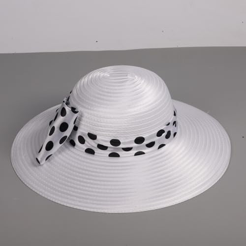 Women Wide Brim Rose Black Patchwork Kentucky Hat for Wedding Party Hat Big Bowknot Polka Dots Fedora Hats - color: White