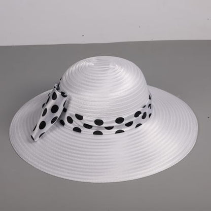 Women Wide Brim Rose Black Patchwork Kentucky Hat for Wedding Party Hat Big Bowknot Polka Dots Fedora Hats - color: White