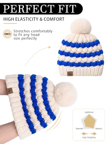 Winter Hats for Women Cable Knit Chunky Skull Cap Fleece Lined Thick Fold Cuff Beanie hat - color: Sky Blue & Cream Beanie, style: Pineapple