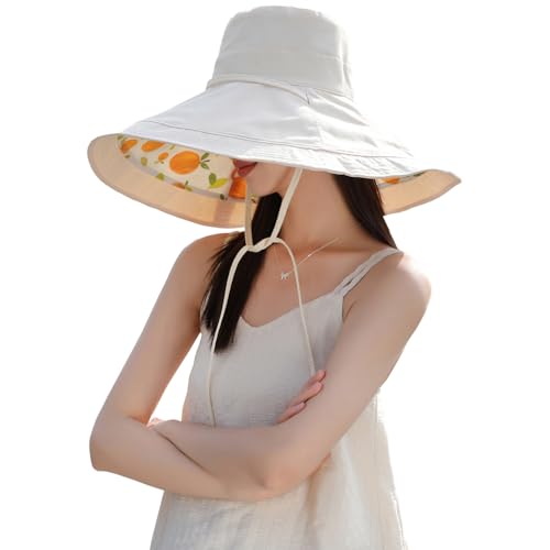 6" Extra Wide Brim Sun Hats UPF 50+ UV Protection Packable Beach Hat Strap Women - color: R-beige