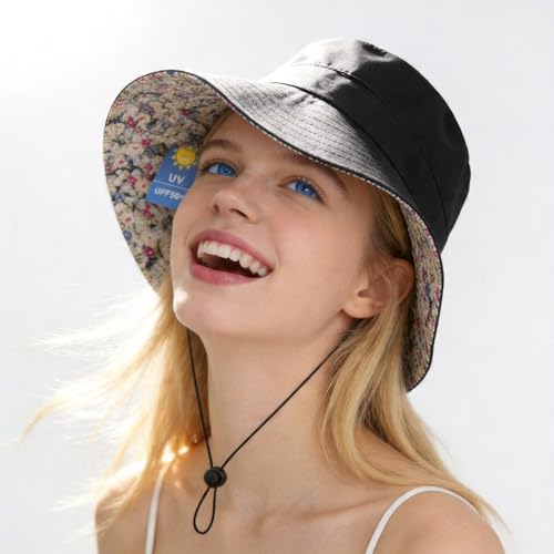 Lightweight Soft Women's Sun Hat, Floral Print UPF50+ UV Protection Bucket Hat, Foldable Portable, for Beach Vacation - color: Black