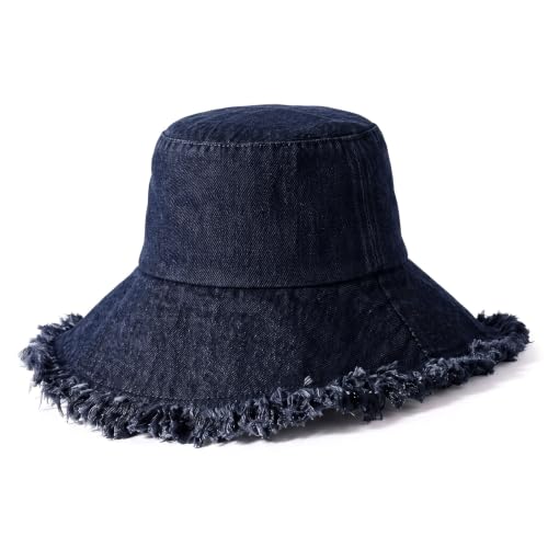 CHOK.LIDS Frayed Bucket Hat Washed Cotton Floppy Wide Brim Boonie Cap - color: Indigo Denim