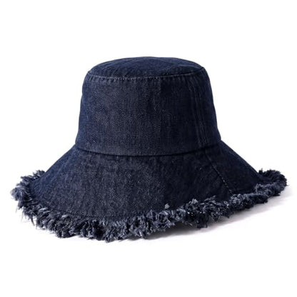 CHOK.LIDS Frayed Bucket Hat Washed Cotton Floppy Wide Brim Boonie Cap - color: Indigo Denim