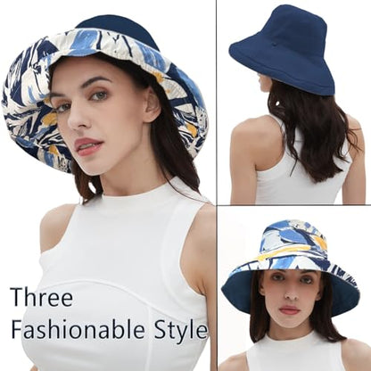 vidsel Womens Sun Hats Wide Brim Reversible Bucket Cotton Hat with Hat Clip - color: Navy Blue2, size: Medium