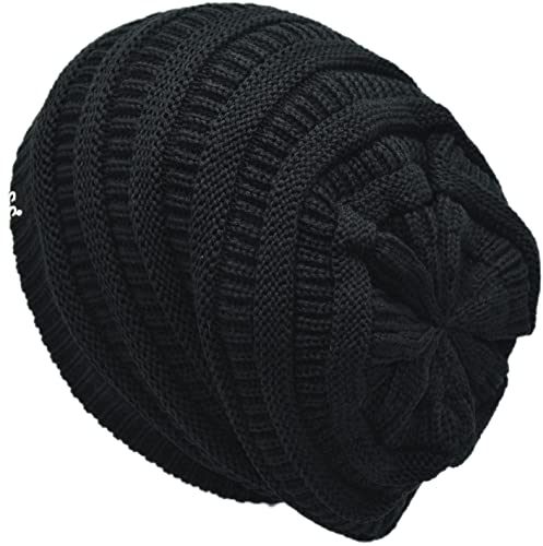 C.C Beanie Oversized Hat with Fuzzy Lining – Thick Knit Thermal Beanie for Cold Weather, Soft Warm Fleece Lined Cap - color: Black