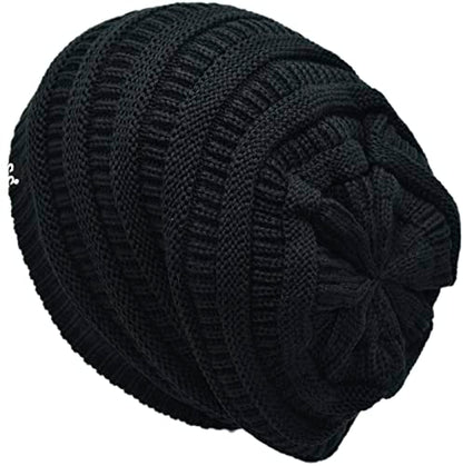 C.C Beanie Oversized Hat with Fuzzy Lining – Thick Knit Thermal Beanie for Cold Weather, Soft Warm Fleece Lined Cap - color: Black
