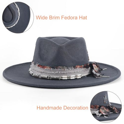 Big Brim Fedora Mens Women Boho Hat Handmade Dress Up Hats - color: Gray