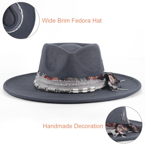 Big Brim Fedora Mens Women Boho Hat Handmade Dress Up Hats - color: Gray