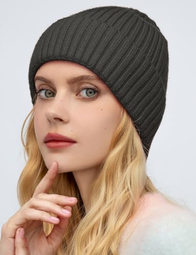 Satin Lined Wool Acrylic Blend Beanie Hat Women Men, Winter Knit Cap - color: Dark Gray