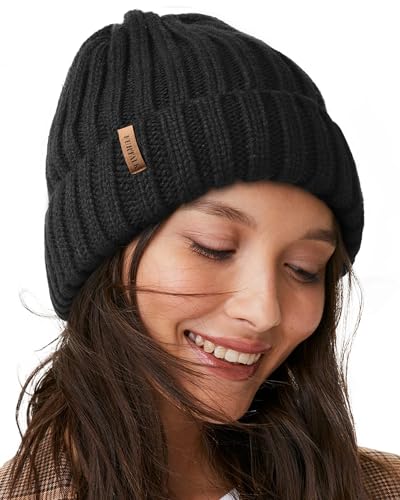 Fleece Lined Beanie Cable Knit Chunky Beanies Womens Snow Cap - color: Black