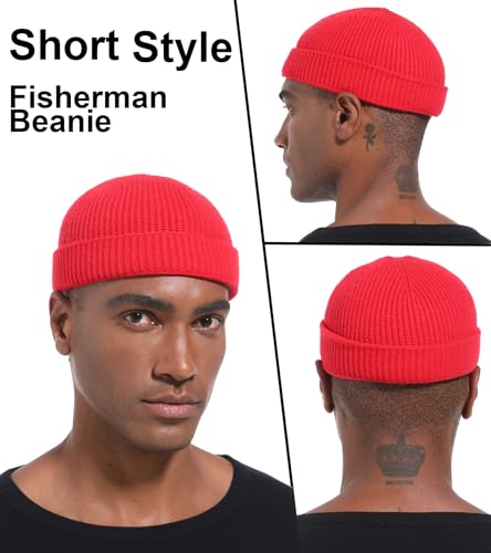 Wool Cuffed Beanie for Men Unisex Knit Watch Cap Thin Fisherman Beanies - color: Red