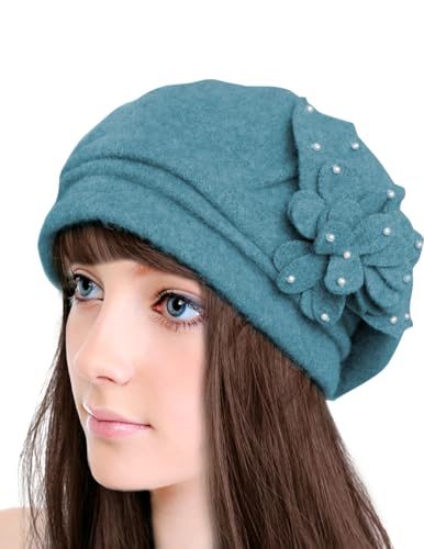 Dahlia Women's Winter Hat - Wool Cloche/Bucket Hat, Slouch, Flower - color: Teal Blue