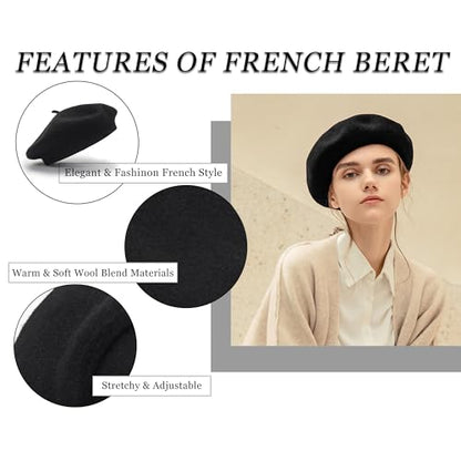 Women French Beret Painter Hats - Classic Stretchable Solid Beanie Warm Winter Cap - color: Black