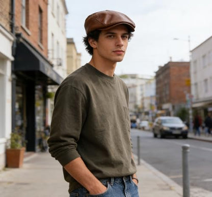 ASTOC Men Women Adjustable Leather Ivy Newsboy Caps Cabbie Beret Hat - color: Coffee