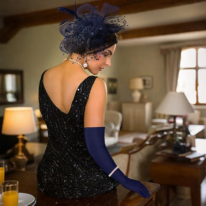 Yaomiao 5 Pcs 1920s Tea Party Accessories Fascinator Hat Gloves - color: Navy Blue